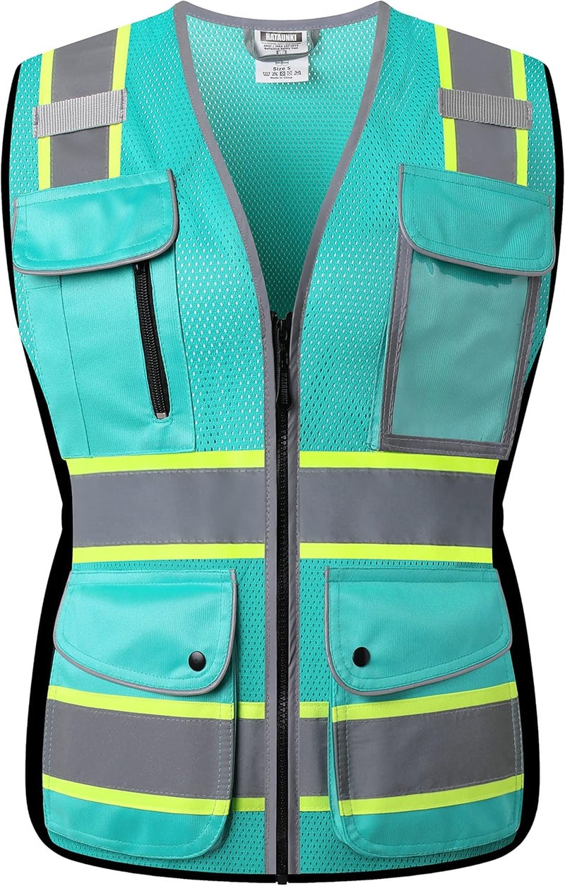HATAUNKI High Visibility Reflection Peacock Mesh Safety Vests with 9 Pockets and Front Zipper, hi vis safety vest for Women, Meets ANSI/ISEA Standards(Peacock-16,XL) - Image 1